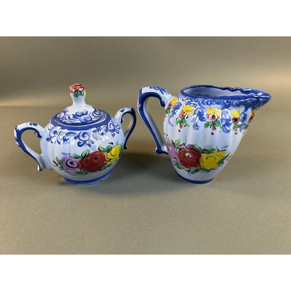 Vestal Alcobaca Portugal Ceramic Cream and Sugar Set Hand Painted Floral Blue